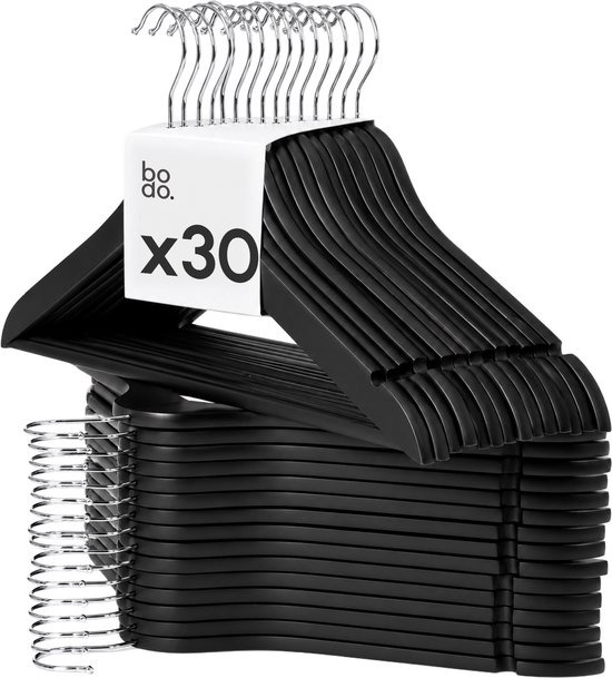 Set van 30 zwarte kledinghangers met metalen haken, merk Bodo.