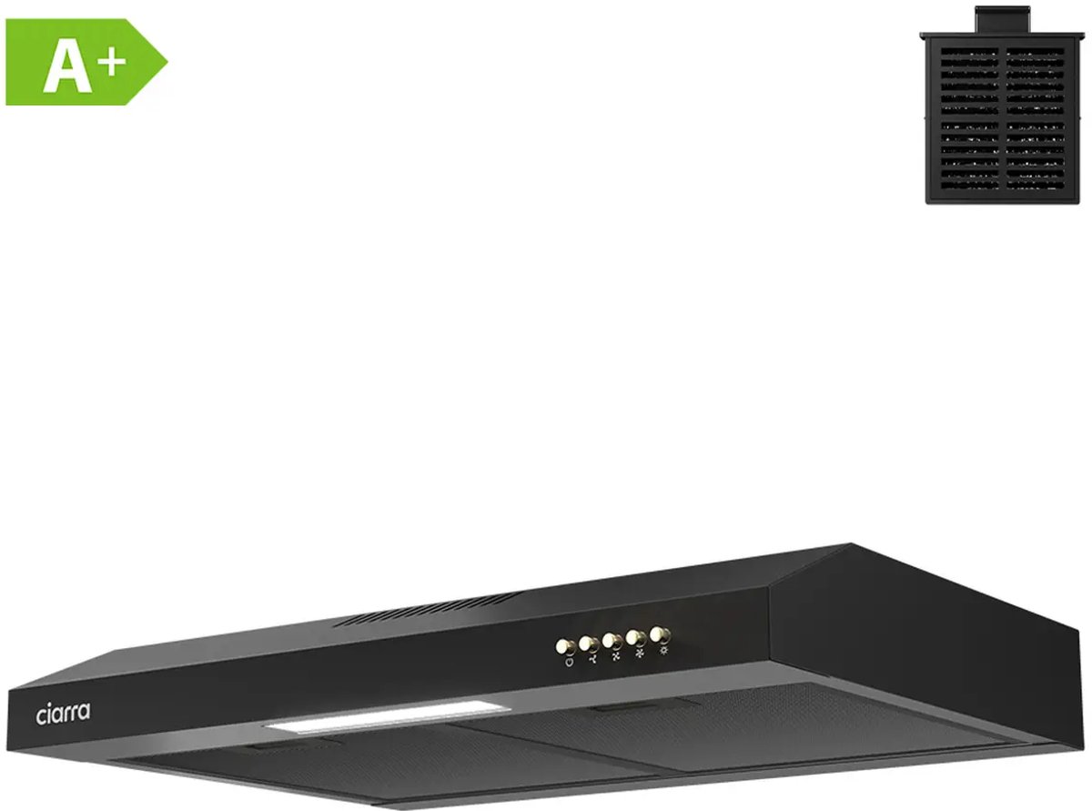 Slank 60 cm afzuigkap voor montage op een kast – zwarte behuizing - compact ontwerp - dubbele ventilatieoptie - bediening met drukknoppen