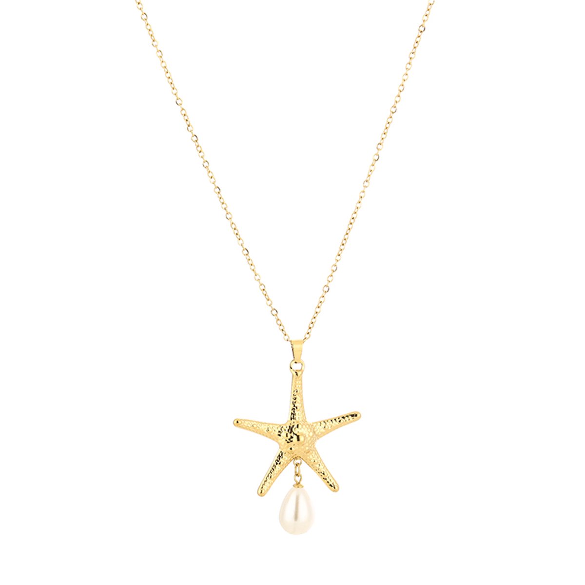 Starfish & Pearl Pendant Fine Chain Long Necklace – Zeester Ketting – RVS - Goud