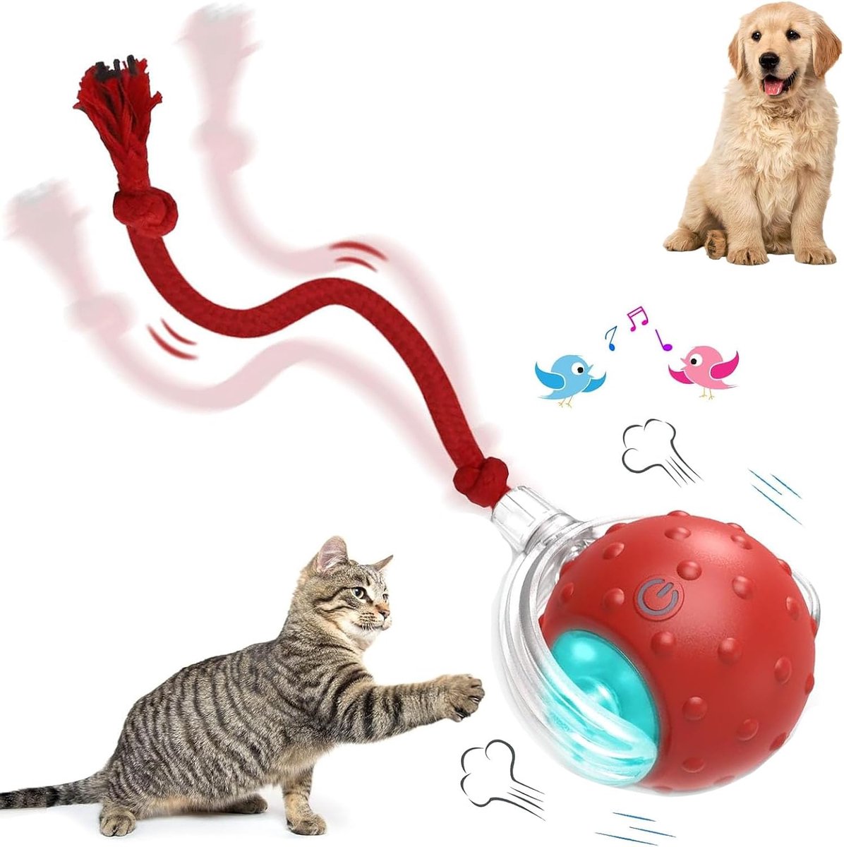 ZVD Interactief huisdierspeelgoed - Kattenspeelgoed - Met vogelgeluiden en een touwtje - Interactieve speelbal voor katten en honden - Slim automatisch rollen 360° - Elektrische speelbal voor katten en honden - Rood