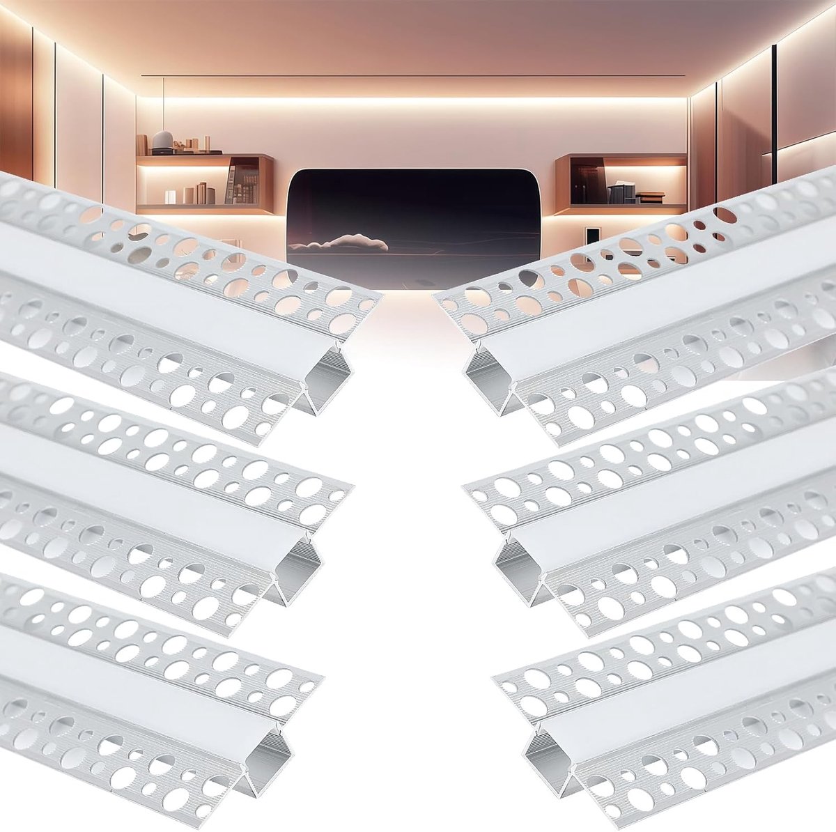 profiel, 6 x 1 m, strips, rail, gipsplaatprofiel, inbouwkanaal, led-diffusers met melkachtige witte afdekking (tweezijdig onderaan, voor 17 mm ledstrips)