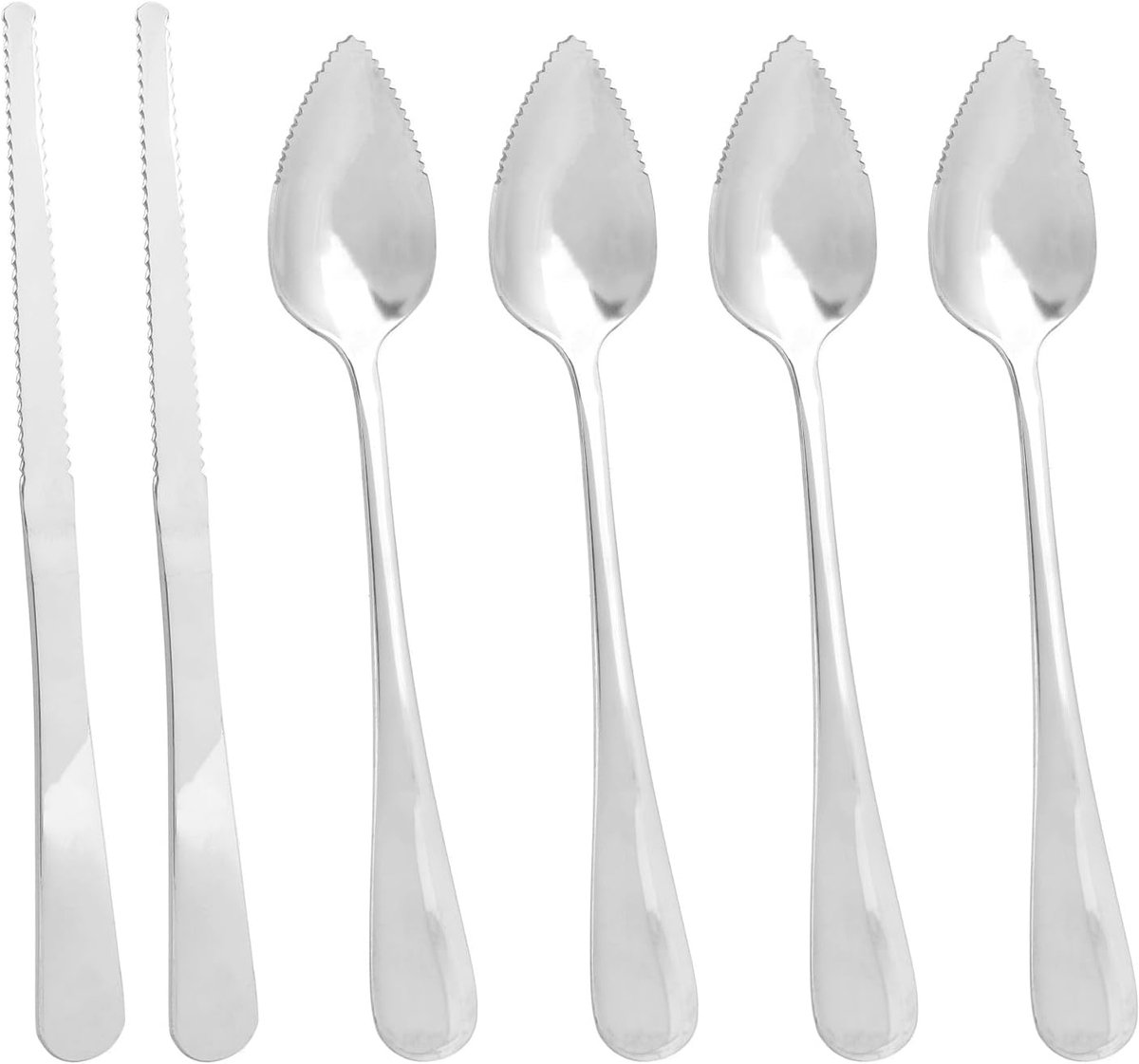 6st Getande Grapefruit Lepel en Mes Set, RVS Citrusvrucht Eetbestek voor Grapefruit Citroen Kiwi Meloen Limoen Pitaya, Ergonomisch Handvat, Makkelijk Fruit Scheppen en Snijden (Zilver)