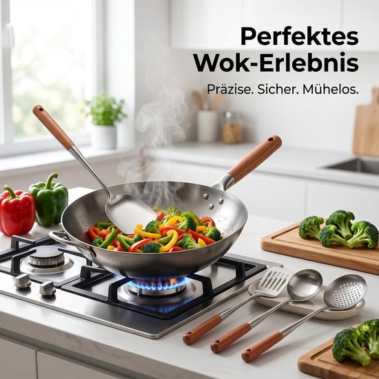 Spatels, vaatwasmachinebestendig, schuimlepel, wok-spatel en pollepel, roestvrijstalen schuimlepel, keukengerei, set met hittebestendige houten handgreep — afbeelding 5