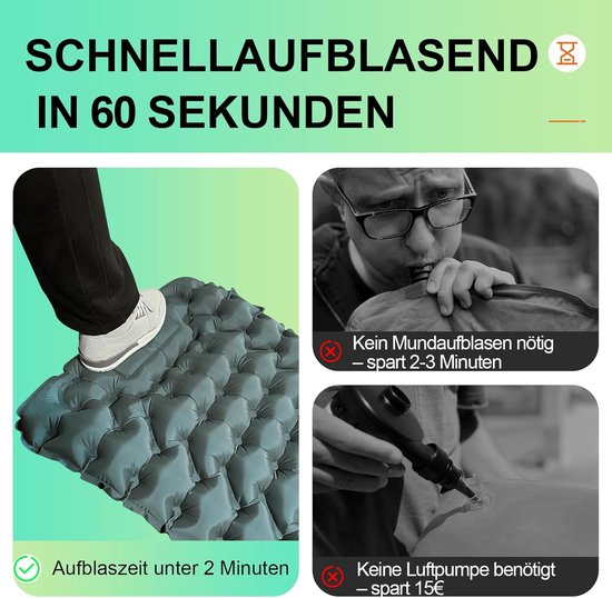 2 Persoons Camping Slaapmat met Kussen - Ingebouwde voetpomp, snel opblazen, licht en draagbaar voor reizen, kamperen, wandelen en trekking — afbeelding 3