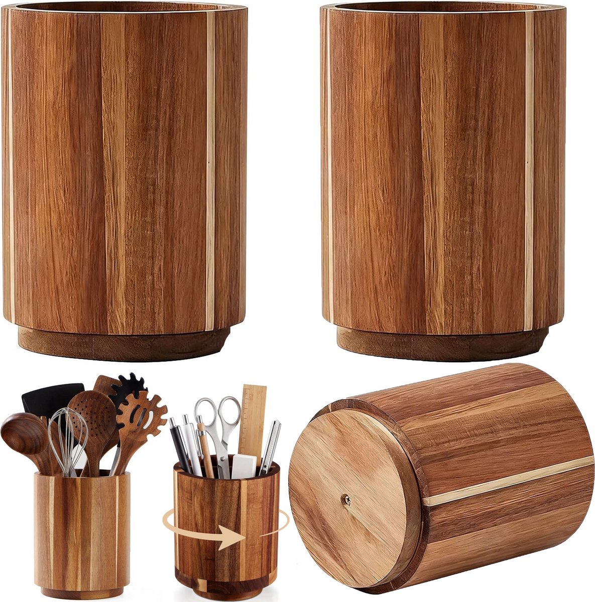 KZQ Keukengerei Houder - 2 Stuks - 360° Draaibaar - Houten Organizer - Voor Aanrecht - Geschikt Voor Bestek Lepel En Spatel - Zonder Keukengereedschap