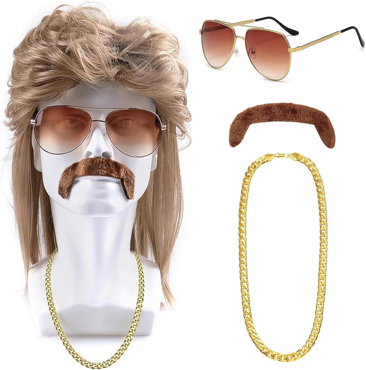 Jaren 80-outfit herenpruiken, set van 5 stuks, jaren 70 en 80 kostuumaccessoires voor heren, vokuhila pruik voor rocker disco punk hippie mannen carnaval pruik (blond-2)