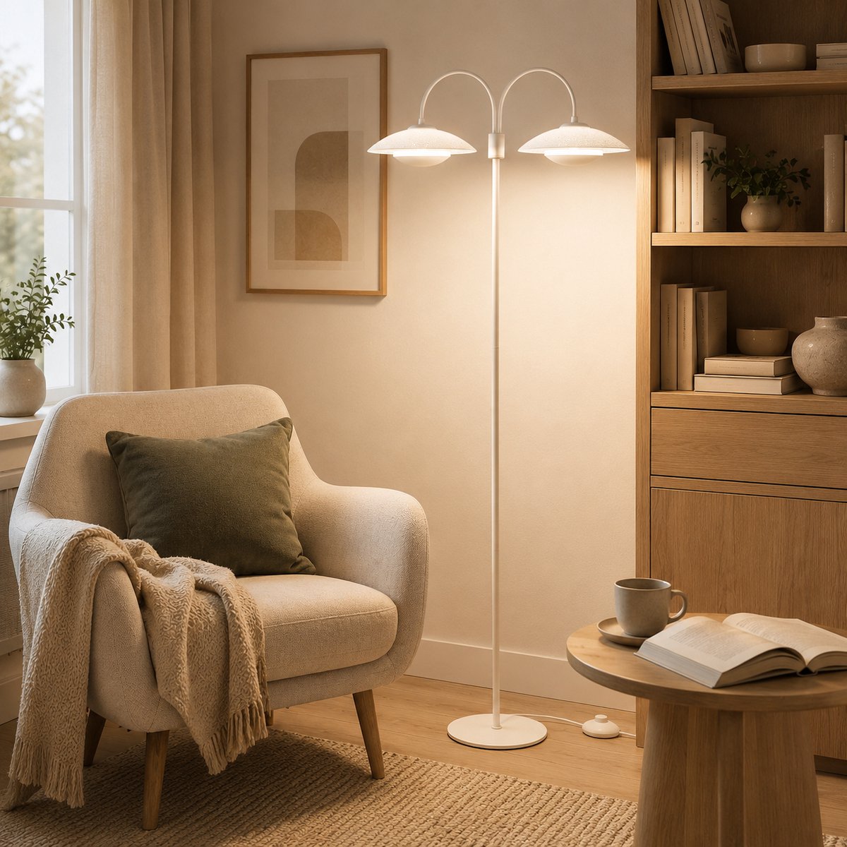Lemlit - LED Vloerlamp 12W, Staande Lamp, 2-Lichts Glazen Lamp, Wabi-Sabi, 59x25x160 cm, 4500K, voor Woonkamer Slaapkamer-energieklasse C - Zandwit