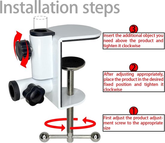 Set van 2 bureauklemmen - verstelbare metalen C-klem met 1/2 draadgaten voor desktopmicrofoonstandaard, lamp en camera - Heavy Duty witte klemvoet — afbeelding 2