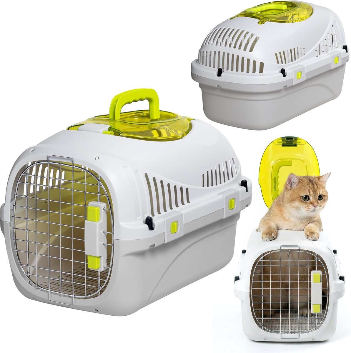Katten Transportbox tot 5 kg – Kunststof Reiskennel voor Auto met Bovenluik, Metalen Deur met Dubbele Vergrendeling, Ventilatie, Uitneembaar Rooster en Voerbak, Lichtgewicht 1,5 kg, Grijs
