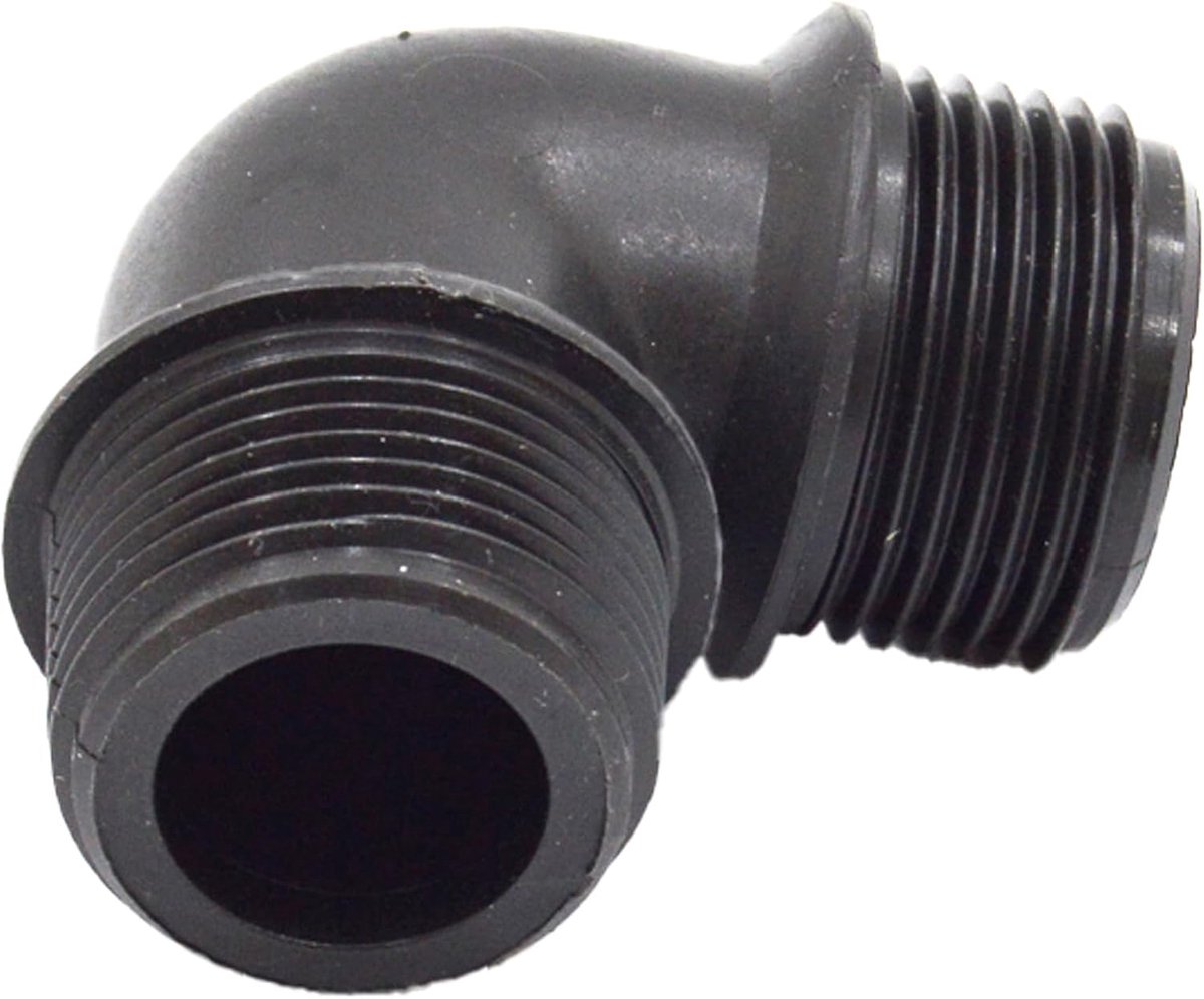 726163 Hoekstuk met buitendraad 1 ½ inch van polyethyleen, 90° hoekstuk met 1,2 cm buitendraad, robuust en met standaardmaten