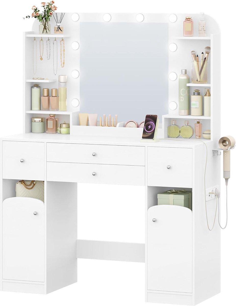 Hzuaneri Kaptafel met ledverlichting, stopcontact en föhnhouder; groot tafelblad van 108 cm; voorzien van 2 grote lades met sieradeninzet en 2 kastjes; 40 x 108 x 144 cm, wit