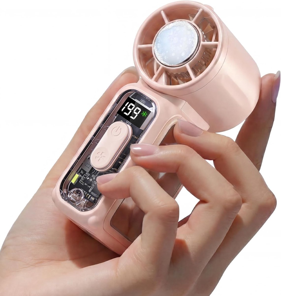 Draagbare mini-ventilator met led-zaklamp, kleine oplaadbare USB-ventilator met ijspakket, compact zakontwerp voor reizen, concerten, kamperen, make-up met spiegel