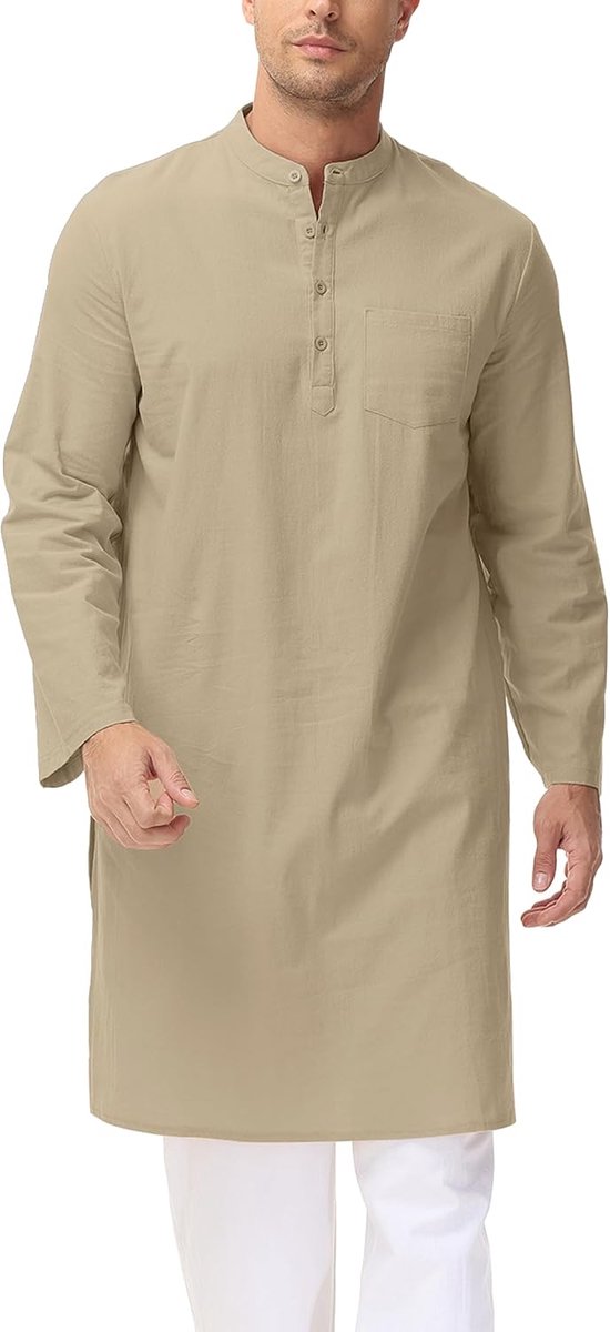 Kaftan voor heren, moslim gewaad, halslijn, lange mouwen, kaftan, knoop, hoog Thobe, M-3XL