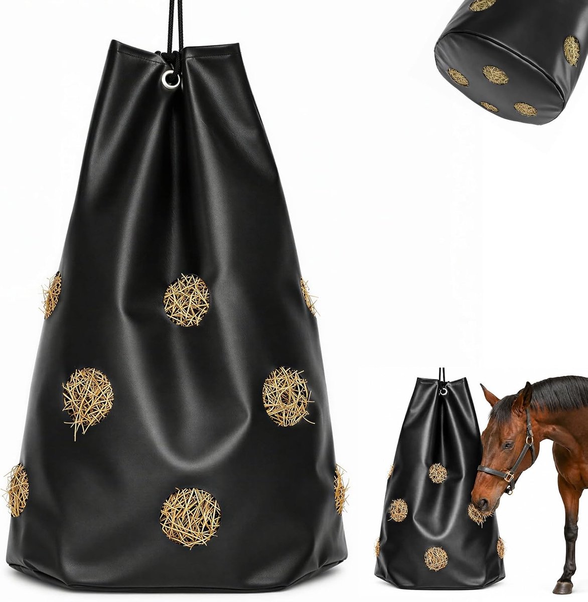 Hooizak voor paarden, 70 x 40 cm, hooinet voor paarden met 8 cm gaten om op te hangen, opbergzak, 9 kg vulhoeveelheid voor paarden, hooirooster, zwart