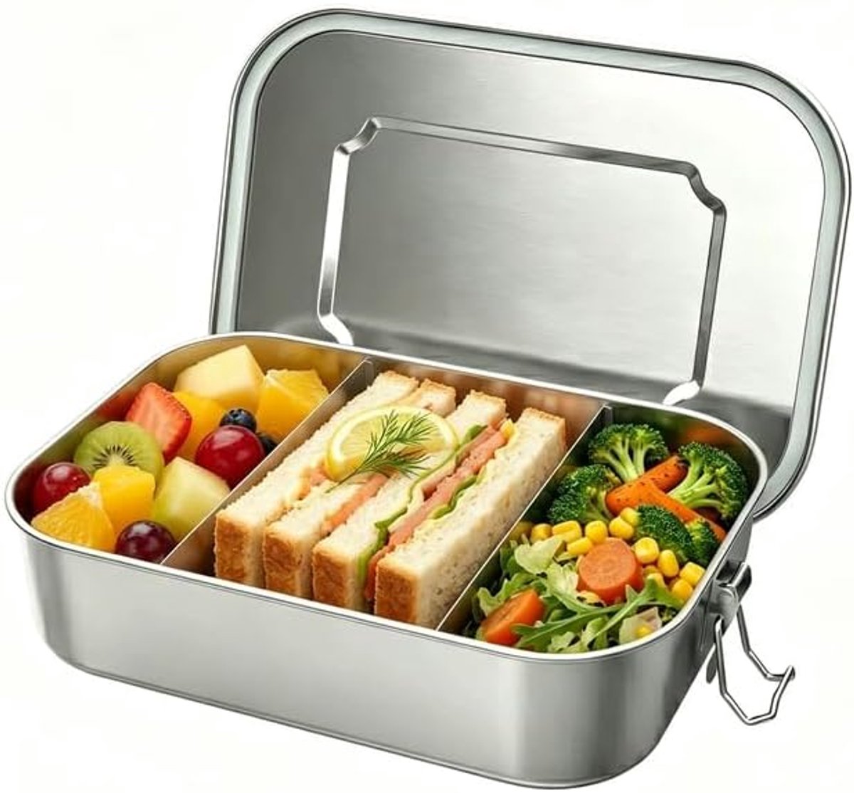 Lunchbox, 1400 ml, Bento Box, Lunchbox van roestvrij staal, met vakken, lekvrij, BPA-vrij, picknick, school, lunchbox voor werk