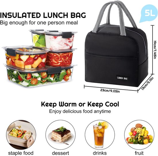 Geïsoleerde lunchtas - Herbruikbaar - Geïsoleerde voedseltas - Met lekvrije voering - Geschikt voor werk, school, picknicks en reizen - 23*14*20 cm - Zwart — afbeelding 5