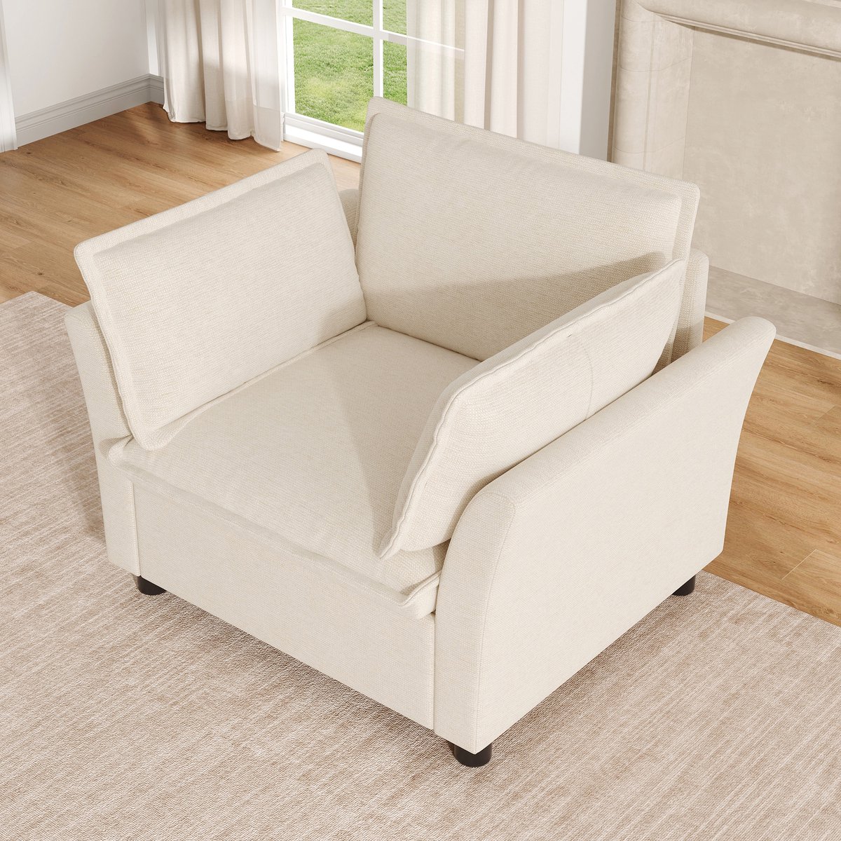Moderne eenpersoons fauteuil - leesstoel - relaxstoel - ruststoel - met zachte rug- en armkussens - beige