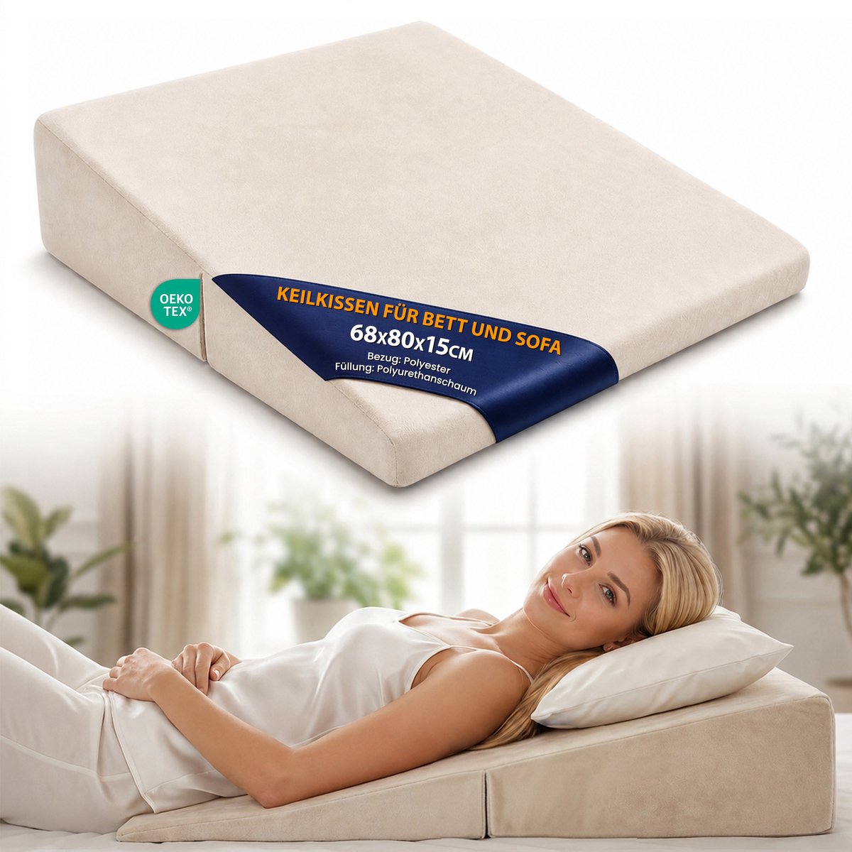 Wigkussen voor Bed en Bank 68x80 cm - Reflux Kussen & Matraswig voor Volwassenen – Bedwig Leeskussen Rugkussen Hoofdeinde Beenkussen – Matrasverhoger Hoes Wasbaar Oeko-Tex