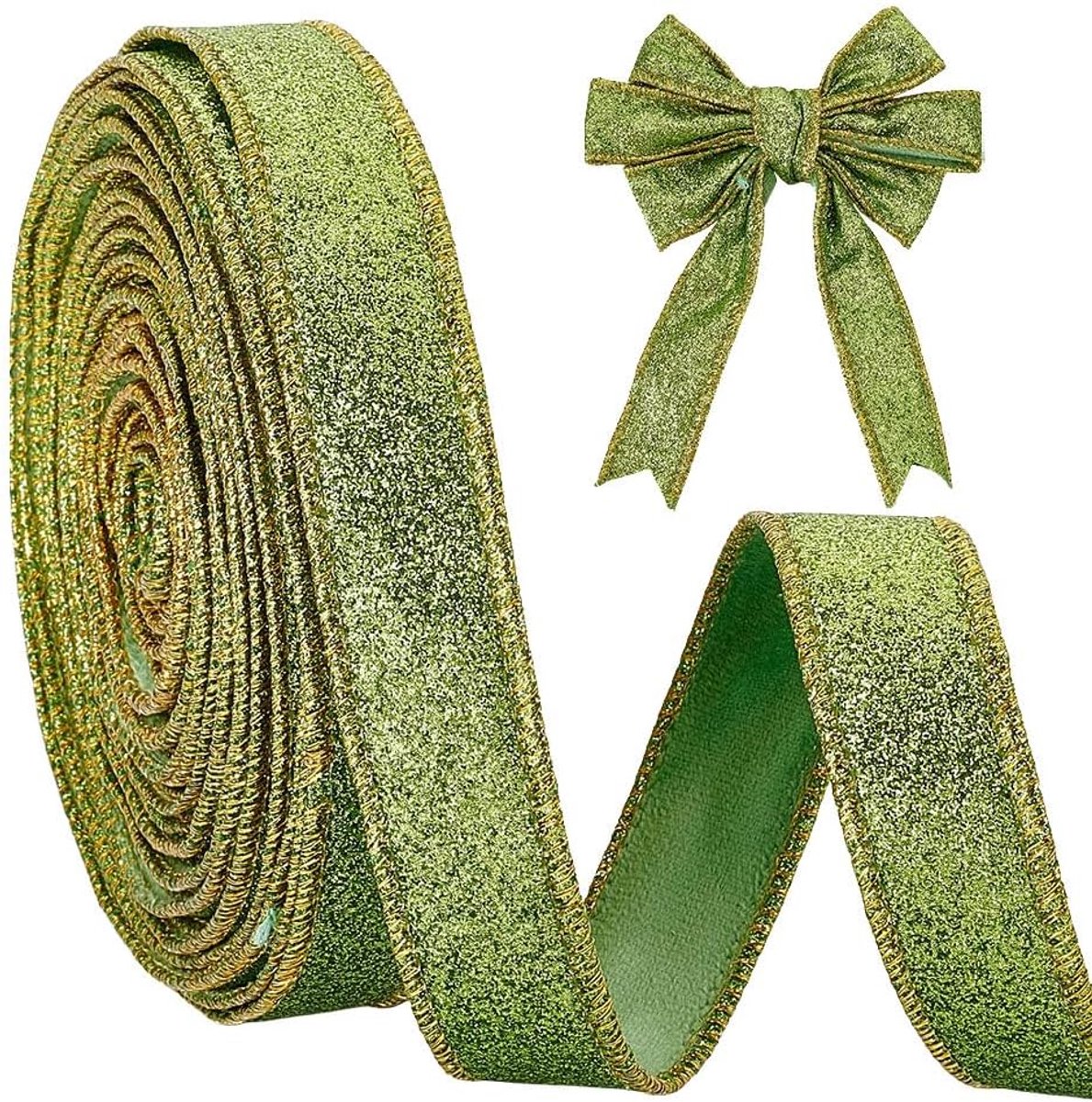 PandaHall Fluwelen lint met draad, 2,5 cm breed, olijfgroen, geel, kerstdecoratie, lint voor knutselen, naaien, kerstboom, krans, strikken, decoratie, cadeauverpakking