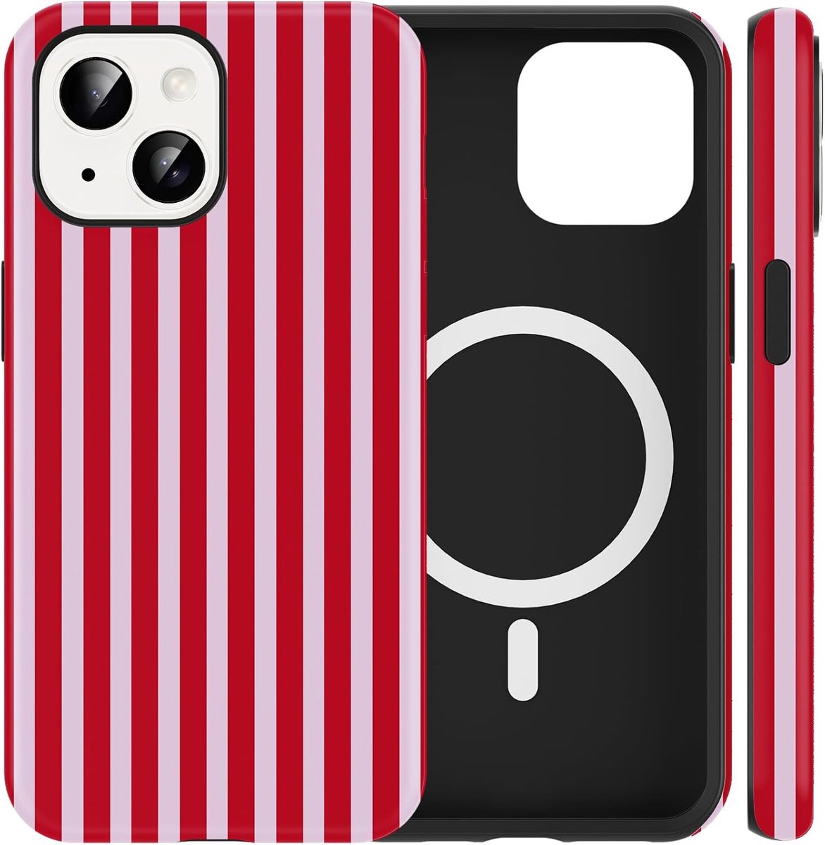 2 in 1 Striped Zomer Magnetische Beschermhoes voor iPhone 15 6,1 inch, Aesthetisch Rood Roze Gestreept Patroon Siliconen MagSafe-compatibel Dun TPU Meisjes Anti-schok Beschermhoes, Strepen