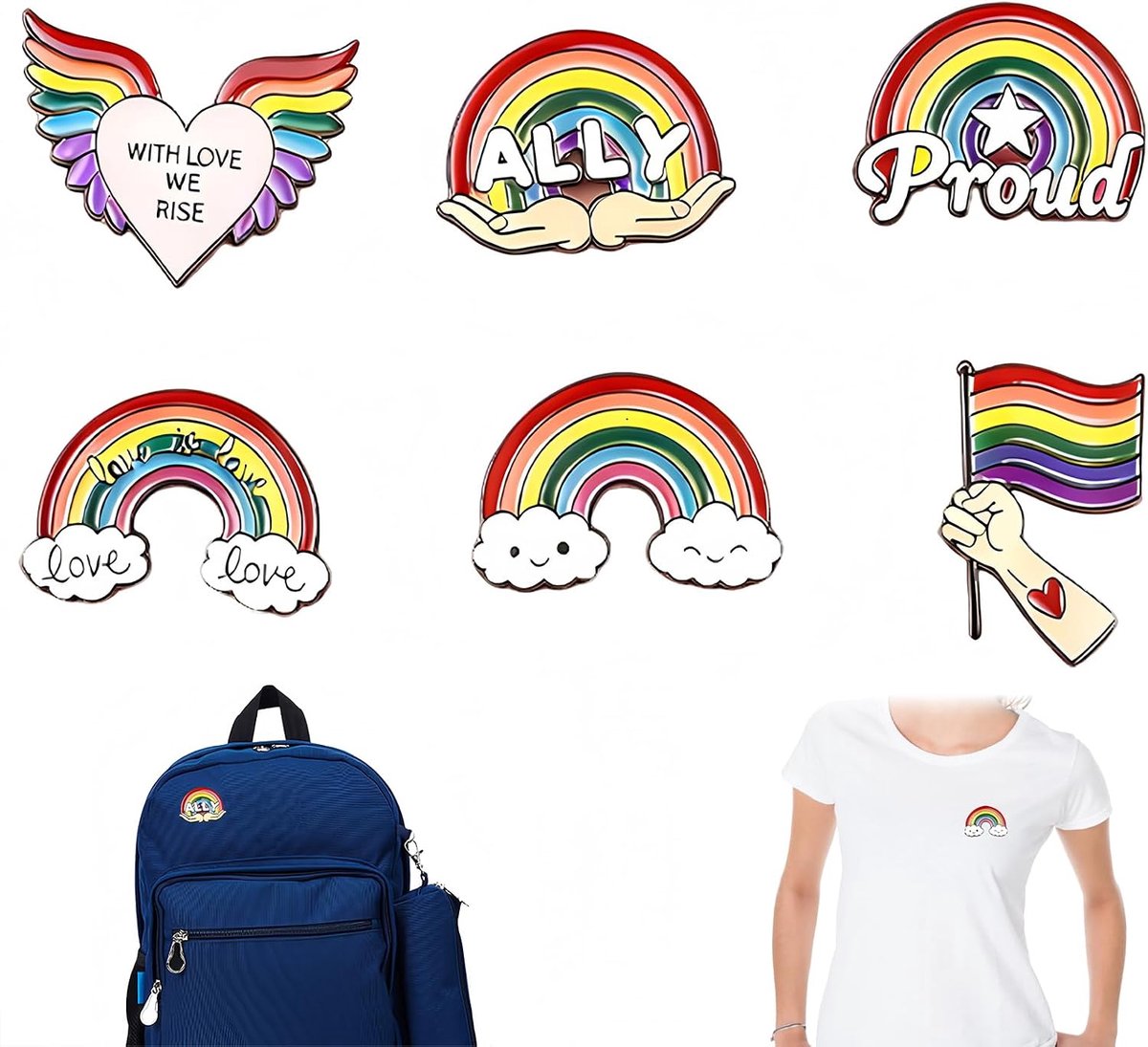 Set van 6 – Emaille Pins met Hart en Vlag Design | Metalen Pride Speldjes, Duurzaam en Kleurrijk, Voor Kleding en Tassen, Feestelijke Gelegenheden