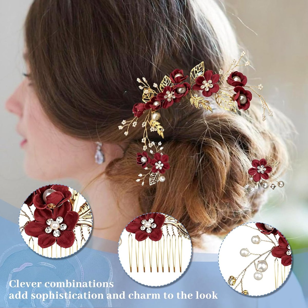 4-delige Haarsieraden Set in Bordeauxrood, Bloemen Haarkam en U-vormige Haarpelden voor Bruiden en Bruidsmeisjes, Decoratieve Haarclips voor Bruiloften
