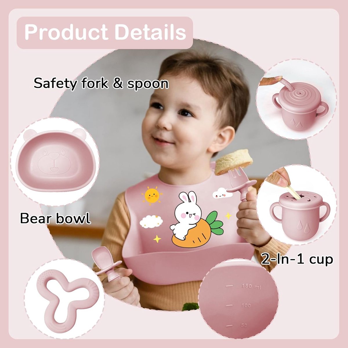 11-delige babyvoedingsset van siliconen, bord met zuignap, kom, beker, slabbetje, lepel, bestekset voor kinderen om te spenen en te voeden (roze1)