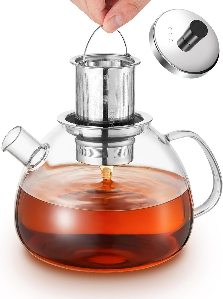 Theepot van glas, glazen theepot van hittebestendig borosilicaatglas, theepot met zeef, geschikt voor het zetten van thee, bloementhee