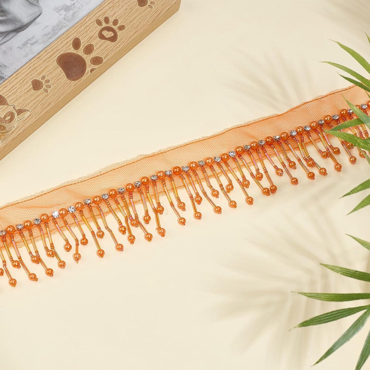1 yards strassparels franje trim, kanten lint met kristallen kwasten 5,9 cm, kwasthangers met oranje glaskralen voor kleding voor gordijnen en lampenkappen