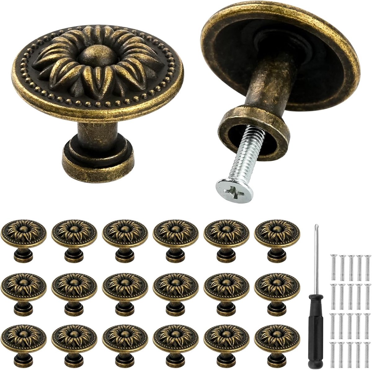 20 stuks kastknoppen vintage, 30 mm ronde kastknoppen brons, meubelgrepen vintage met 25 mm schroeven, kastgrepen voor laden, keukens, badkamers, kledingkasten, ladeknoppen