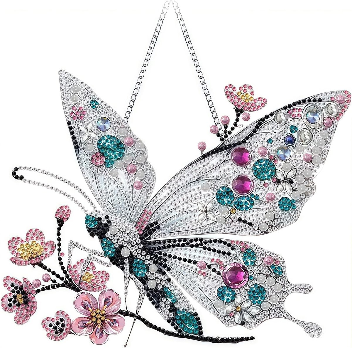 Diamond Painting Volwassenen hanger – Dubbelzijdige Vlinderhanger met Bloemenmotief, Kristallen Mozaïek op Acrylplaat, ca. 24,5 cm, Decoratie om op te hangen voor Thuis
