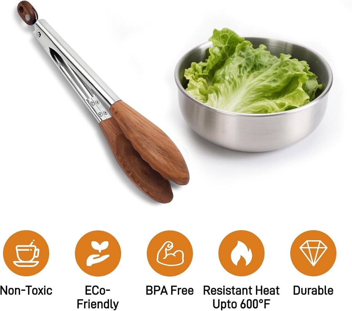 Keukentang om te koken met walnoothout, houten punten, ideaal voor BBQ, salade, broodrooster, brood en komkommers, gemaakt van natuurlijk walnoothout, afmeting 30,5 cm