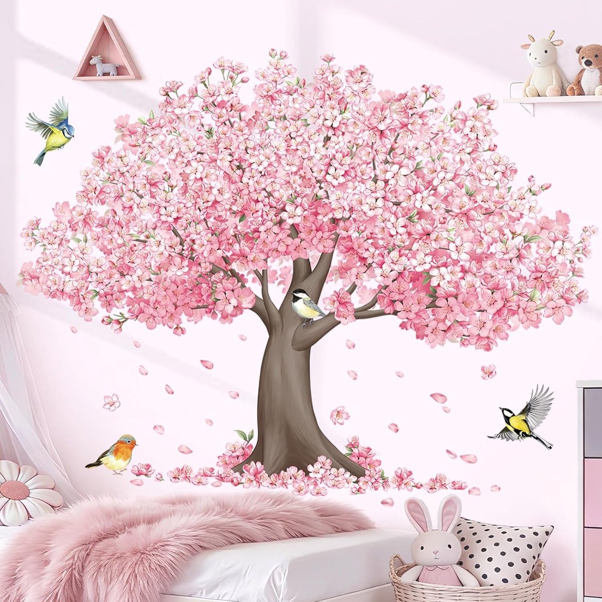 decalmile Kersenbloesem boom roze bloem vogels muurstickers stickers (XL)