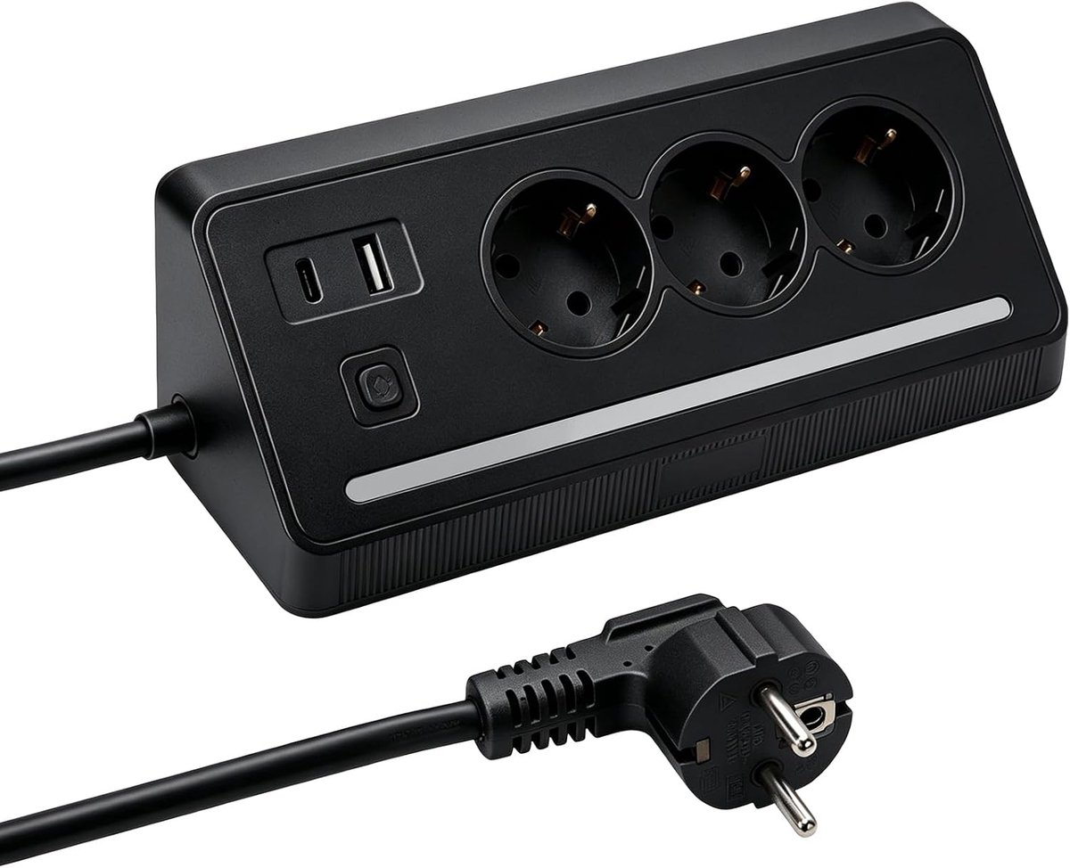 Hoekstopcontact met USB-C, 3 stopcontacten met schakelaar, overspanningsbeveiliging met 2 USB en 6-in-1 stekkerdoos, 1,5 m lange kabel voor keuken, kantoor, thuis (zwart)