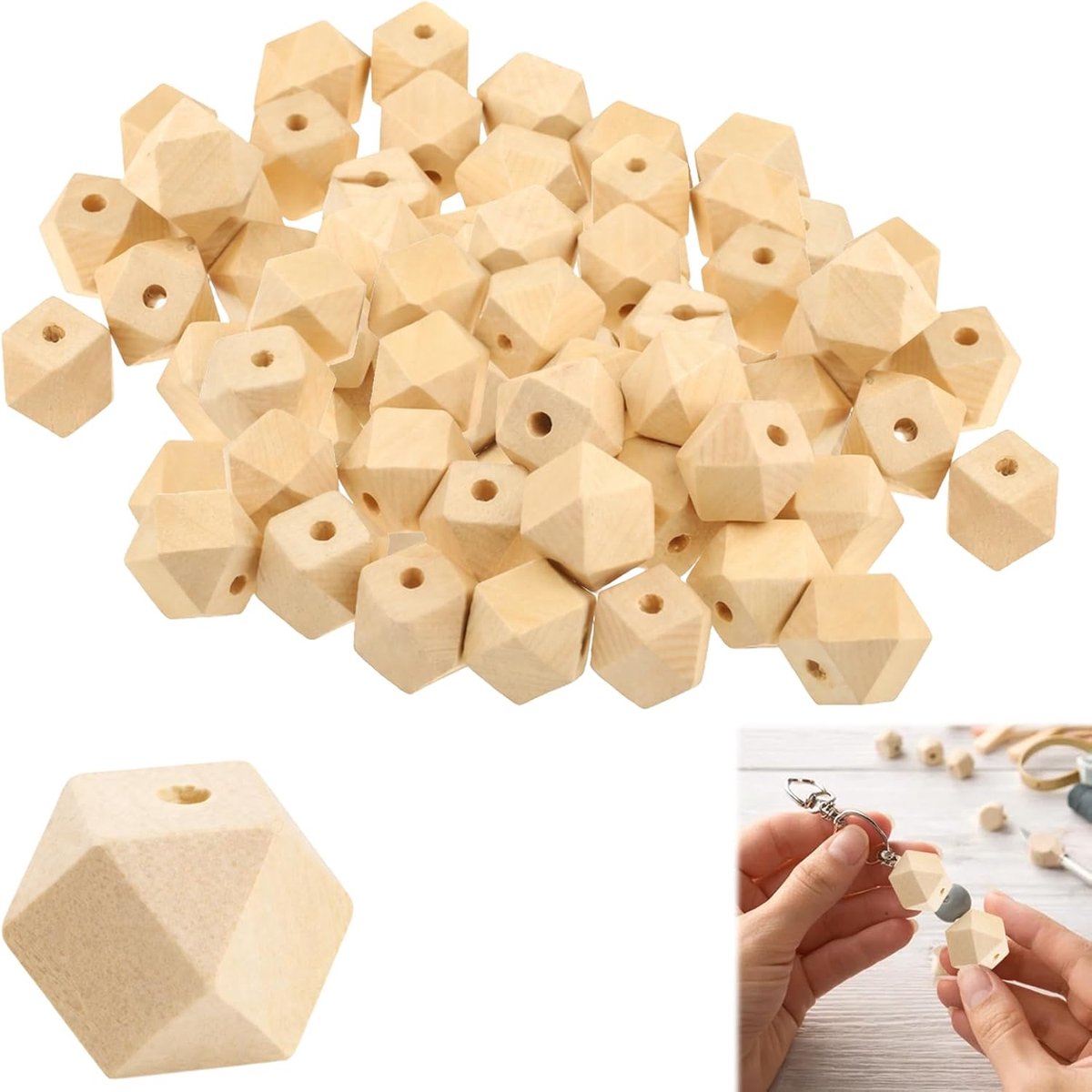 Kralen, knutselkralen, houten kralen met 4 mm gat, 18 mm, achthoekige houten kralen, om te rijgen, natuurlijke kleur voor het maken van sieraden en wooncultuur