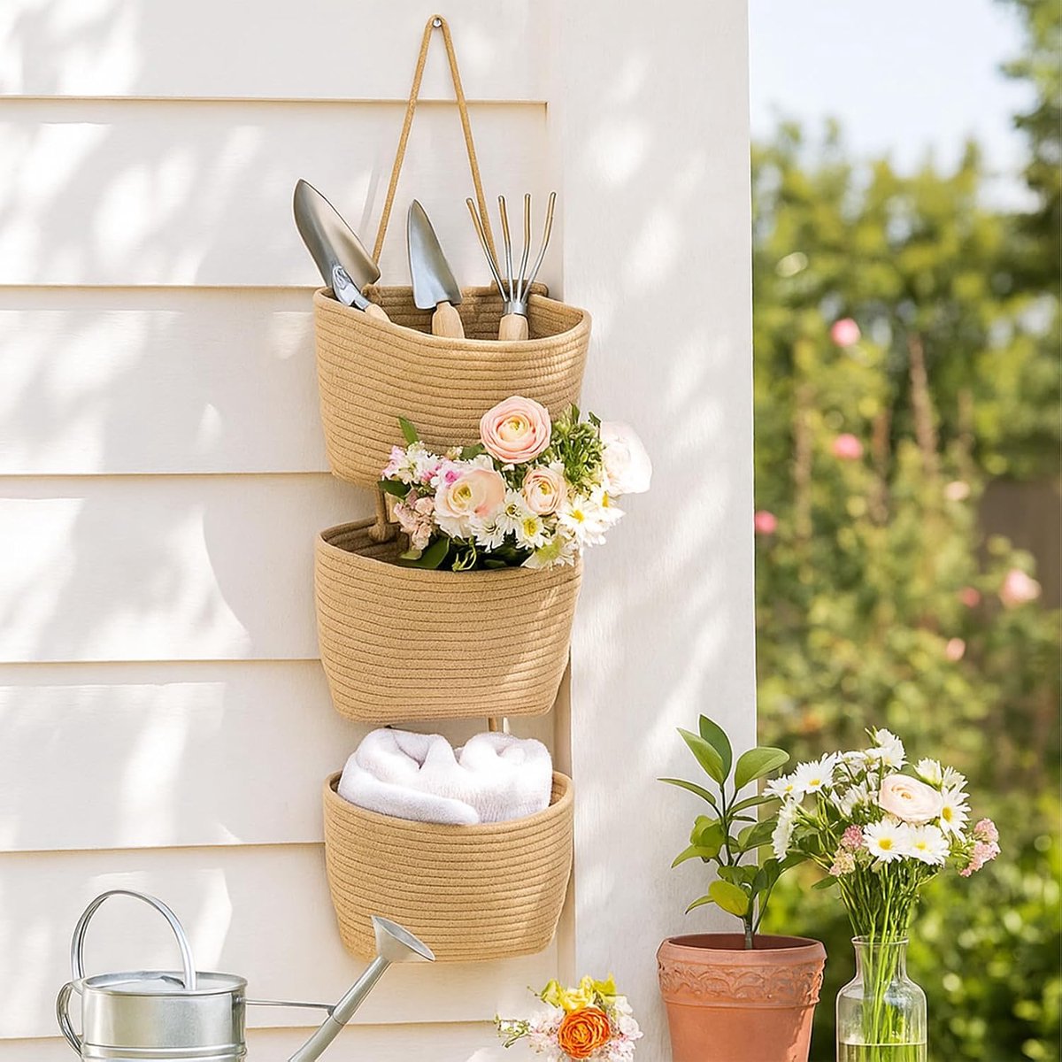 powerking Hangmand voor boven de deur, 3-laags opbergmanden voor wandmontage, katoenen touw geweven hangende organizer met haken voor kantoor, slaapkamer, kast, entree en huismuurdecoratie