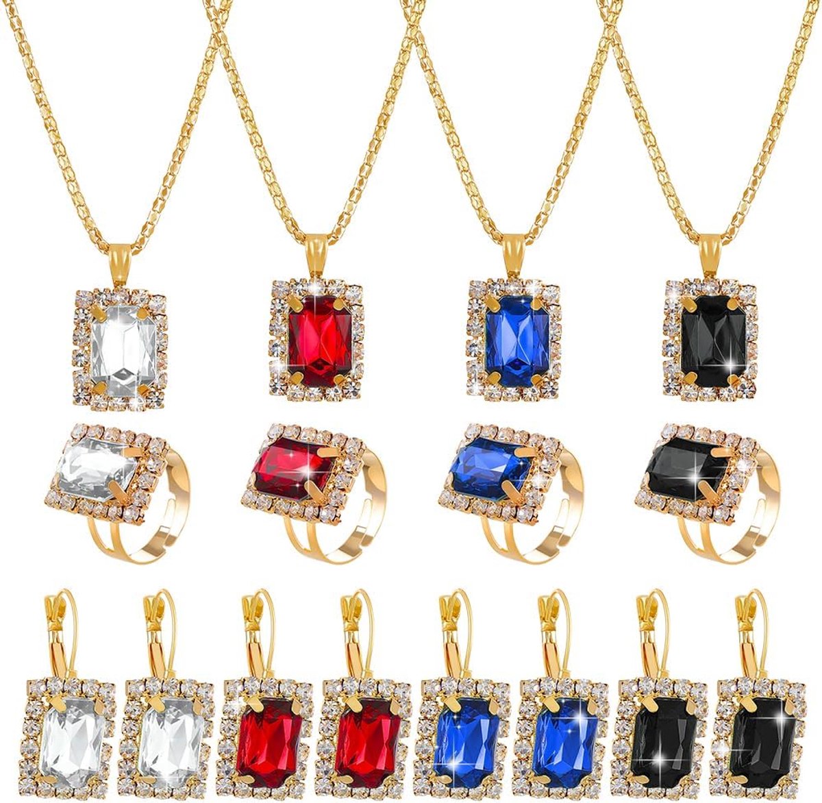 4 stuks 4 kleuren strass kristallen sieradenset hanger halsketting oorbellen ring set voor vrouwen koninklijke elegante bruidssieraden set cadeau voor vriendin bruiloft vakantie