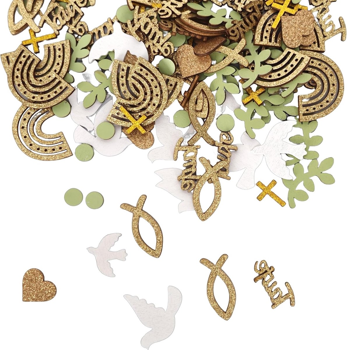 decoratie, strooidecoratie, hout, 120 stuks, tafeldecoratie, doop met kruis, vis, duif, hart, confetti, voor jongens en meisjes, decoratie voor communie, vormsel, doop, feest