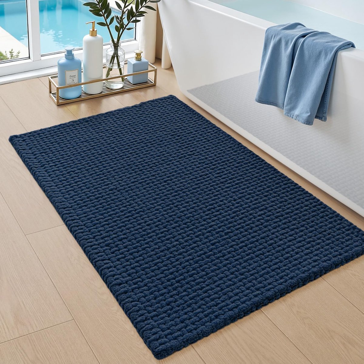 Chenille Badmat 40 x 60 cm, Absorberend en Antislip Badmatten, Zacht en Snel Droog, Machinewas Badtapijt voor Badkamer, Bad en Douche, Blauw