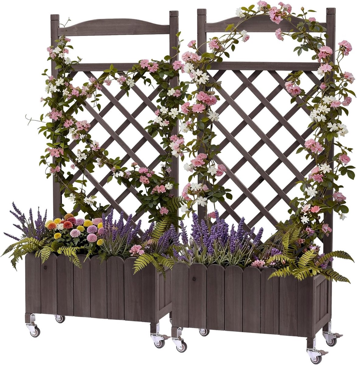 Set van 2 houten plantenbakken met klimrek en wielen, verhoogd, weerbestendig met drainagegaten, ideaal voor tuin, balkon en terras, 49 x 28 x 116 cm – Bruin