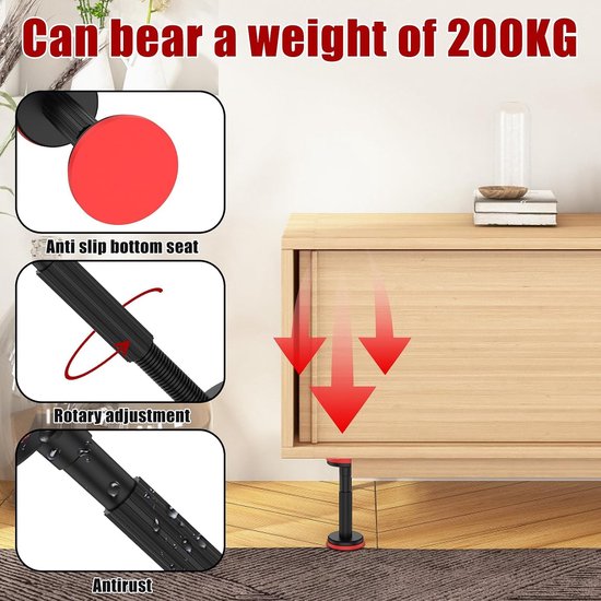 steunstang, verstelbaar steunsysteem, verstelbare steunstang, ondersteunt tot 200 kg, 18-45 cm, kasthefbeugel voor kast, bank, wastafel (2 stuks) — afbeelding 4