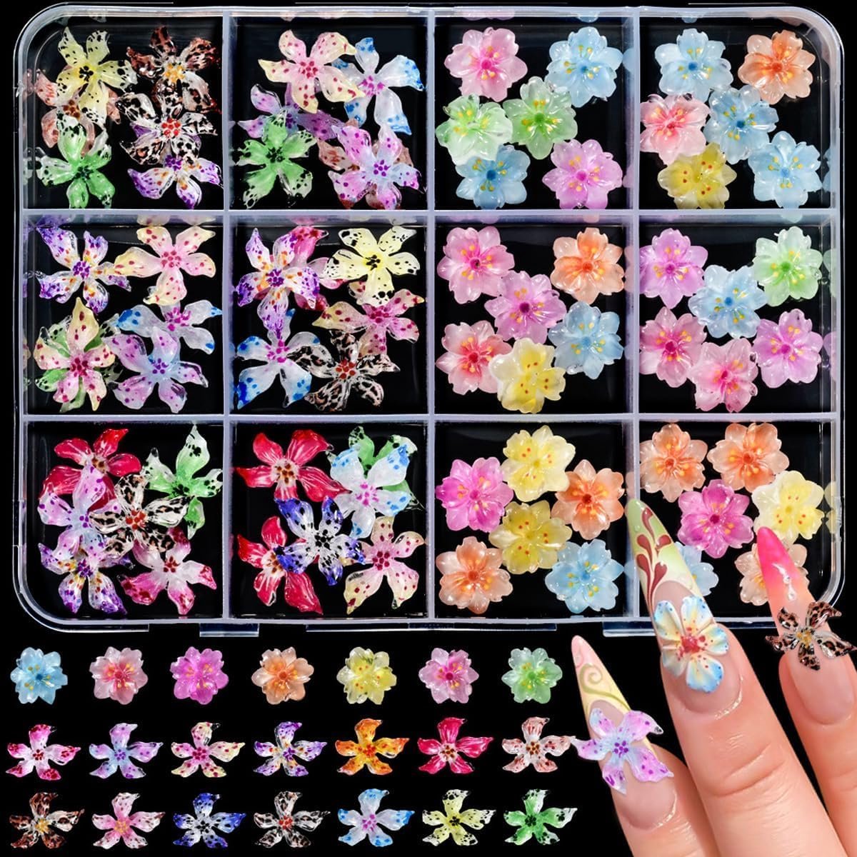 Bedels voor nagels, bloemen, 72 stuks, nail charms, 3D-bloemen, nail art charms, nageldecoratie, manicure, waterbeker, decoratieve cosmetische spiegel