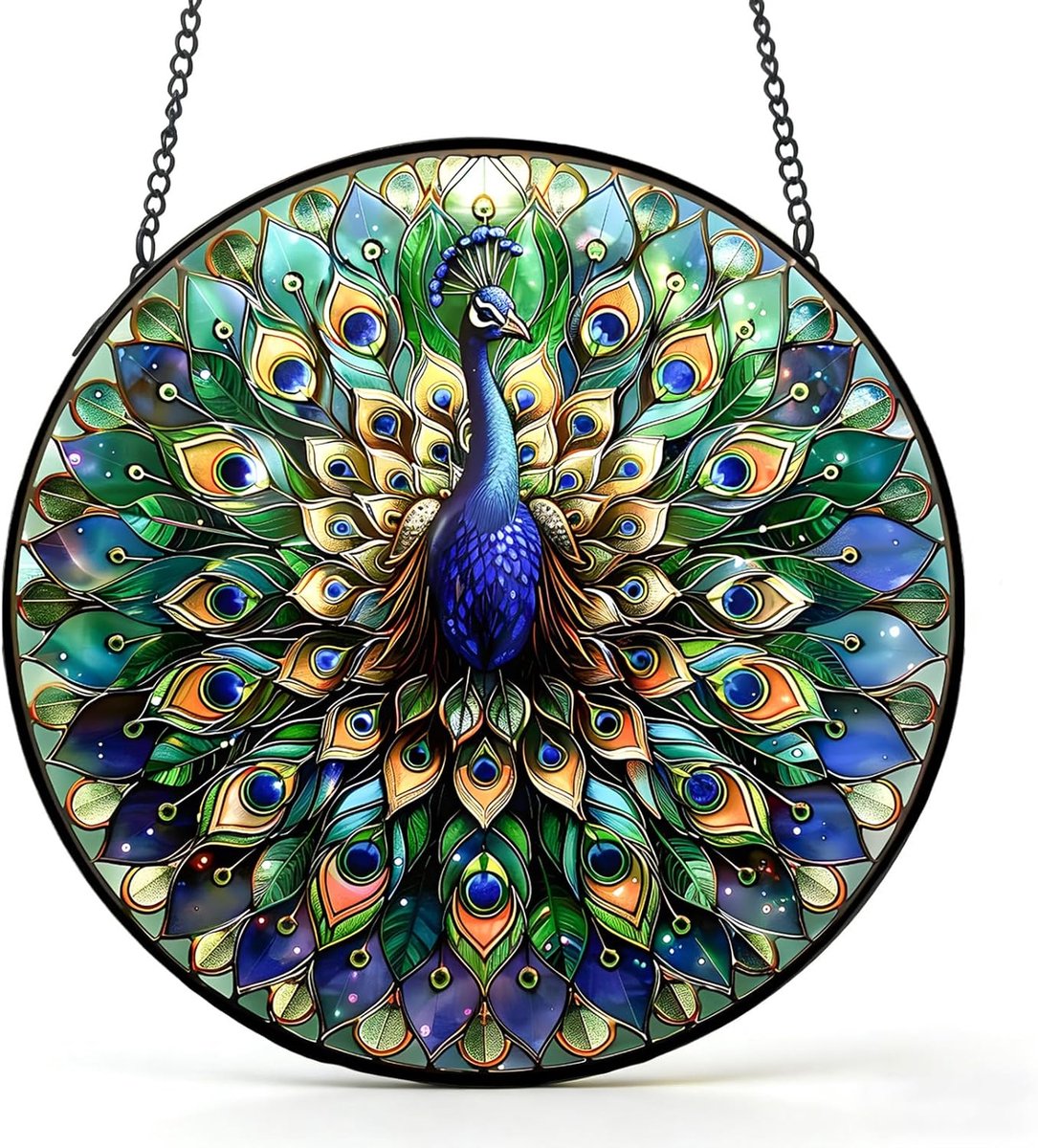 Zonnevanger voor ramen, pauwenglas, hangdecoratie met metalen ketting, kleefhaken, boho-decoratie, raamdecoratie, hangende decoratie voor tuin, balkon, woonkamer, 20 cm, kleurrijke pauwenveren