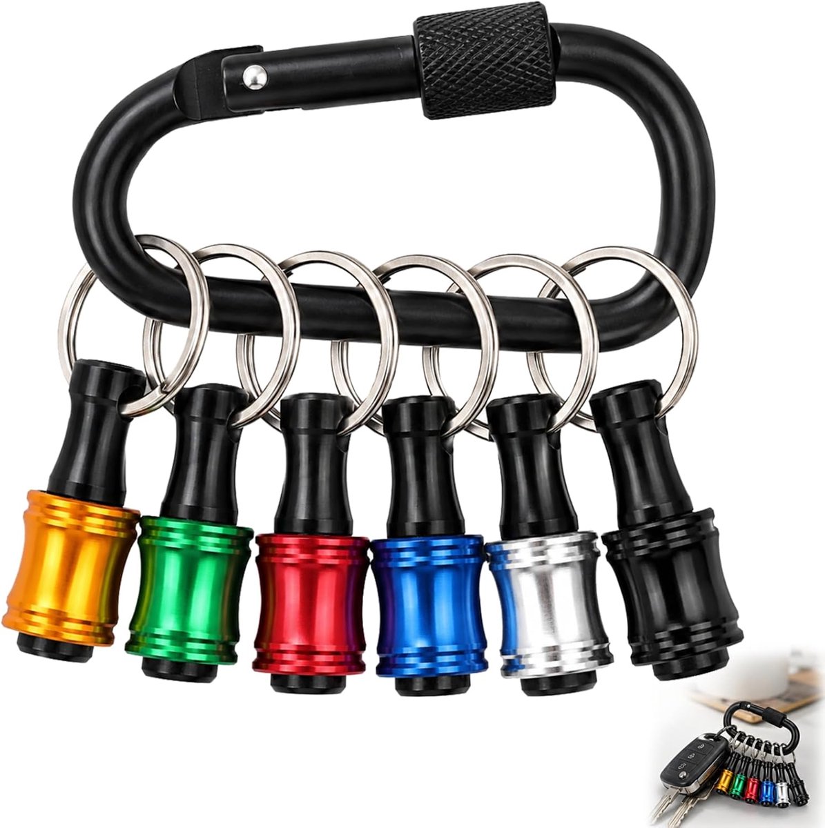 Set van 6 boorbithouders 1/4 inch, aluminiumlegering, 6 kleuren, sleutelhanger met zwarte karabijnhaken, bithouder met zeskantschacht