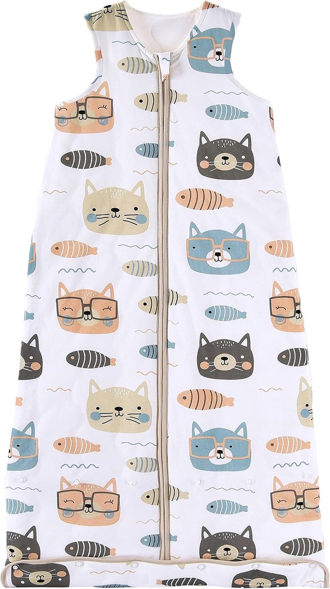 Babyslaapzak voor het hele jaar, 2,5 TOG-slaapzak voor peuters, mouwloos, winterslaapzak met instelbare lengte, natuurlijk katoen, kat en vis, 90 cm, babyhoogte 80-95 cm