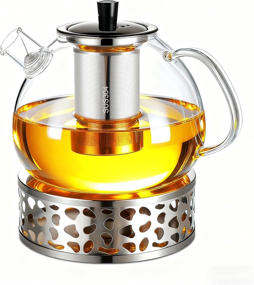 Theepot met stoofje, 1500 ml, met roestvrijstalen warmhouder, theewarmer en afneembare zeef, borosilicaatglas, hittebestendig, geschikt voor groene thee, zwarte thee, kruidenthee en theezakjes