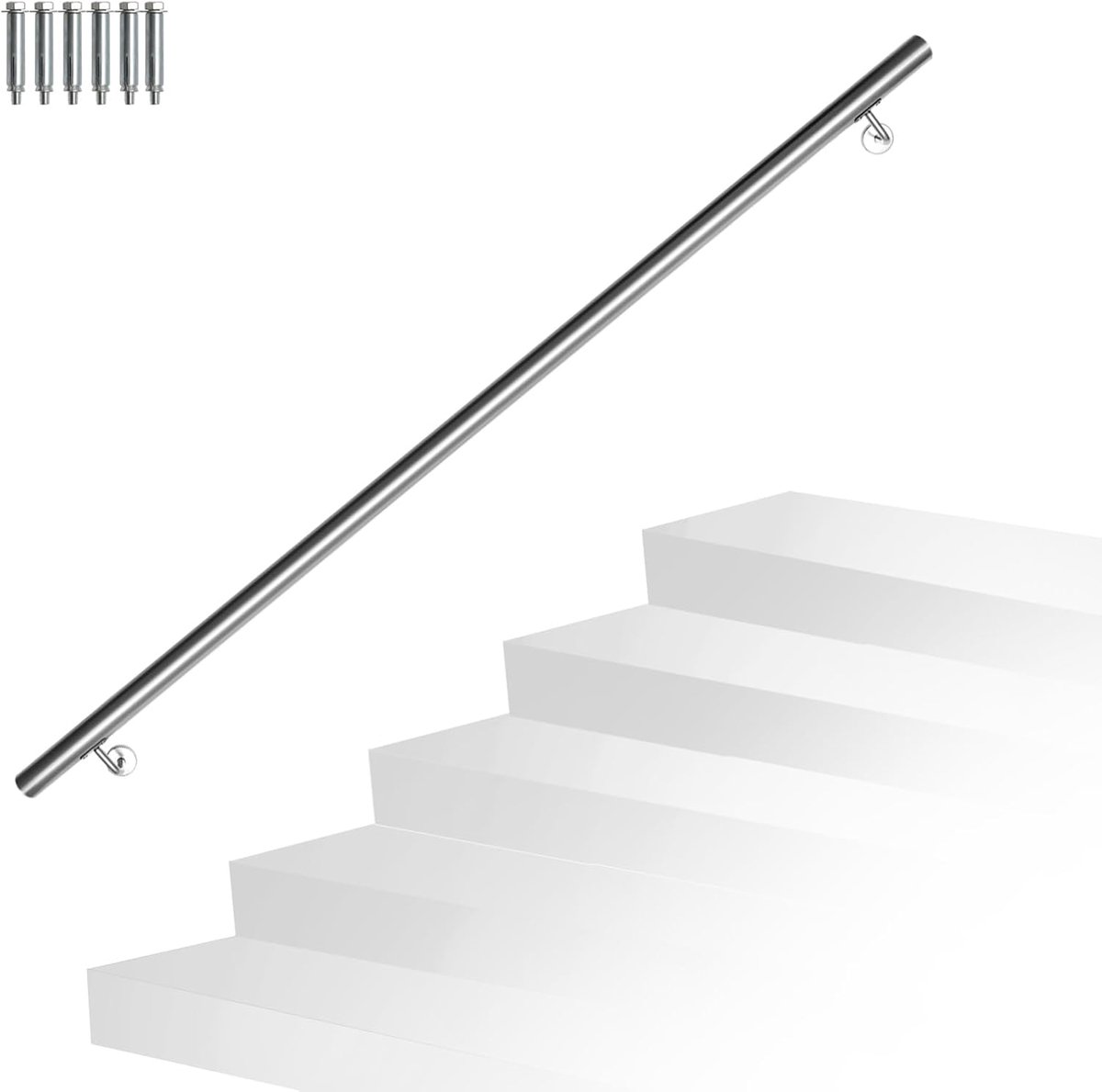 Roestvrij stalen leuning, voor buiten, 120 cm, Ø 42 mm, balkonleuning, trapleuning, reling voor binnen, wandleuning, muur trap met wandhouders, montagemateriaal
