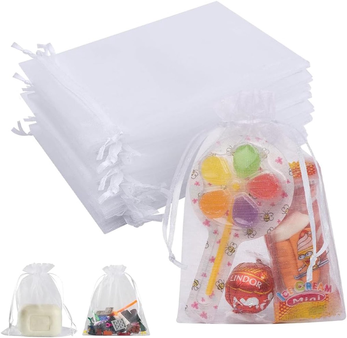 10 x 15 cm, witte organzazakjes voor sieraden, cadeauzakjes met trekkoord, tule zakjes, voor bruiloftsgasten, sieraden en snoep, 20 stuks