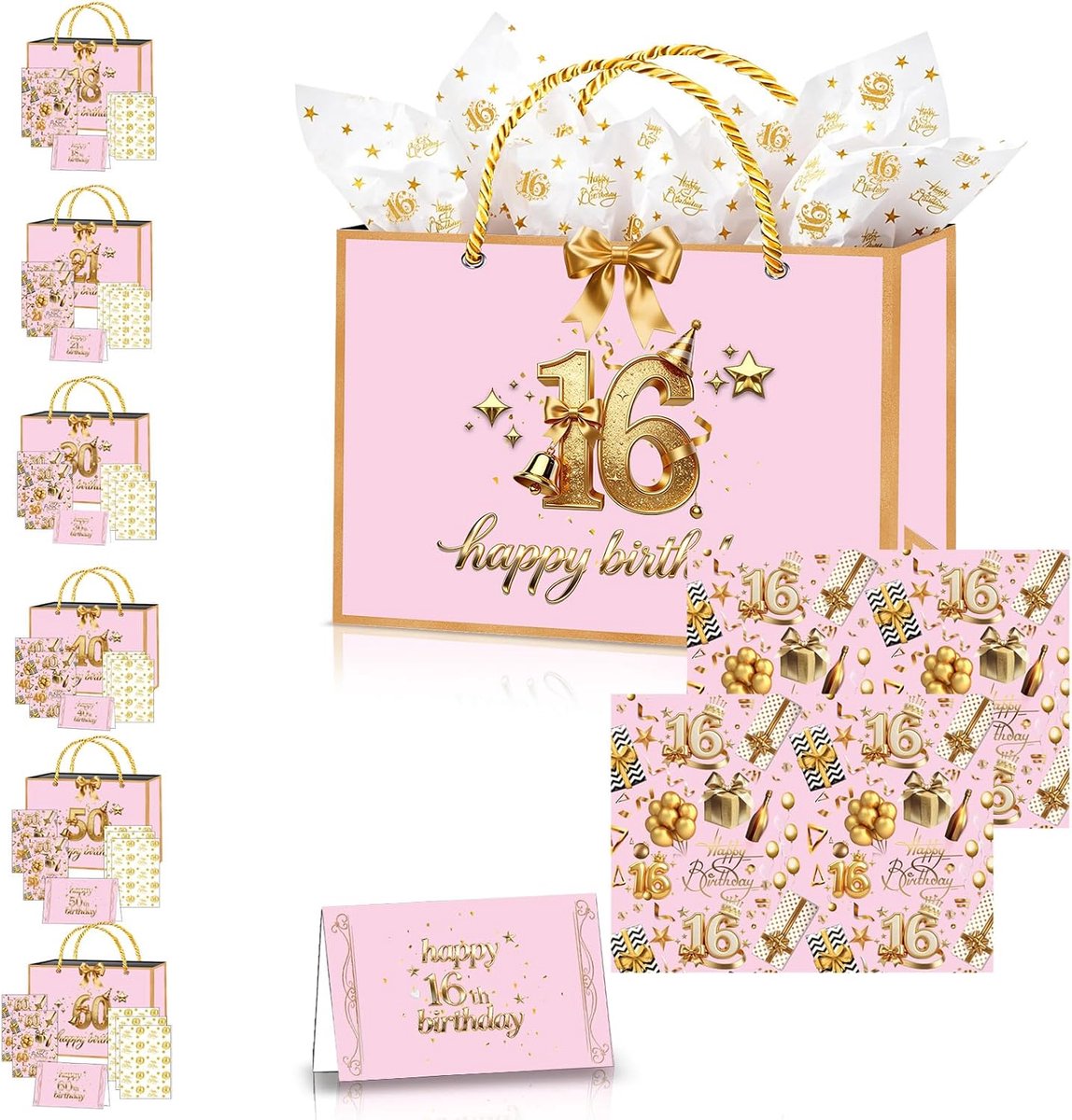 gouden geschenkzakje voor de 16e verjaardag van meisjes, papieren kleine cadeauzakjes voor de 16e verjaardag met strik, zijdepapier, cadeaupapier, wenskaarten voor vrouwen en dames