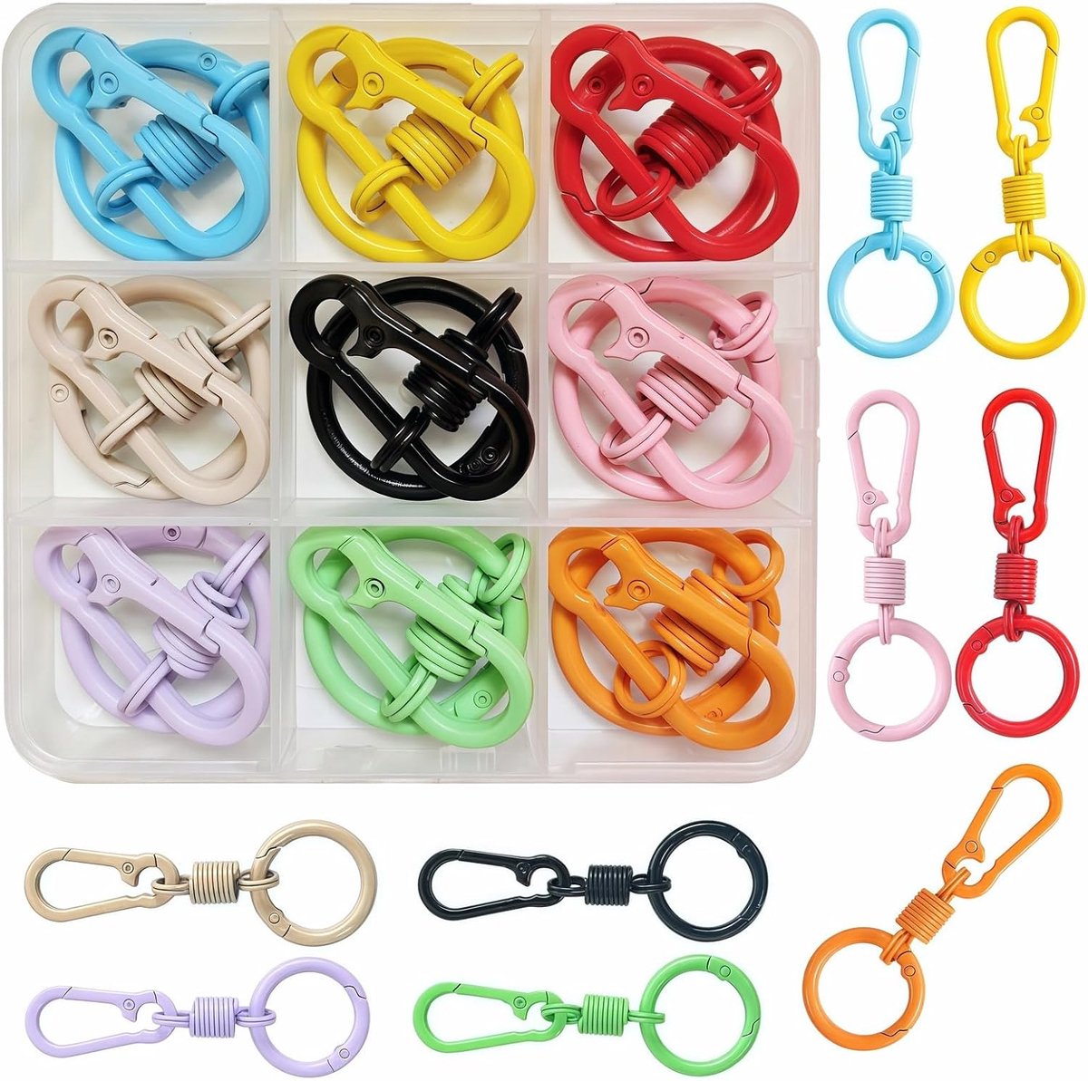 9 stuks kleurrijke karabijnhaken sleutelhangers set, kleine sleutelringen dubbele ring metaal ronde karabijnhaak sleutelclip voor doe-het-zelf, rugzak, portemonnee, autosleutel (incl